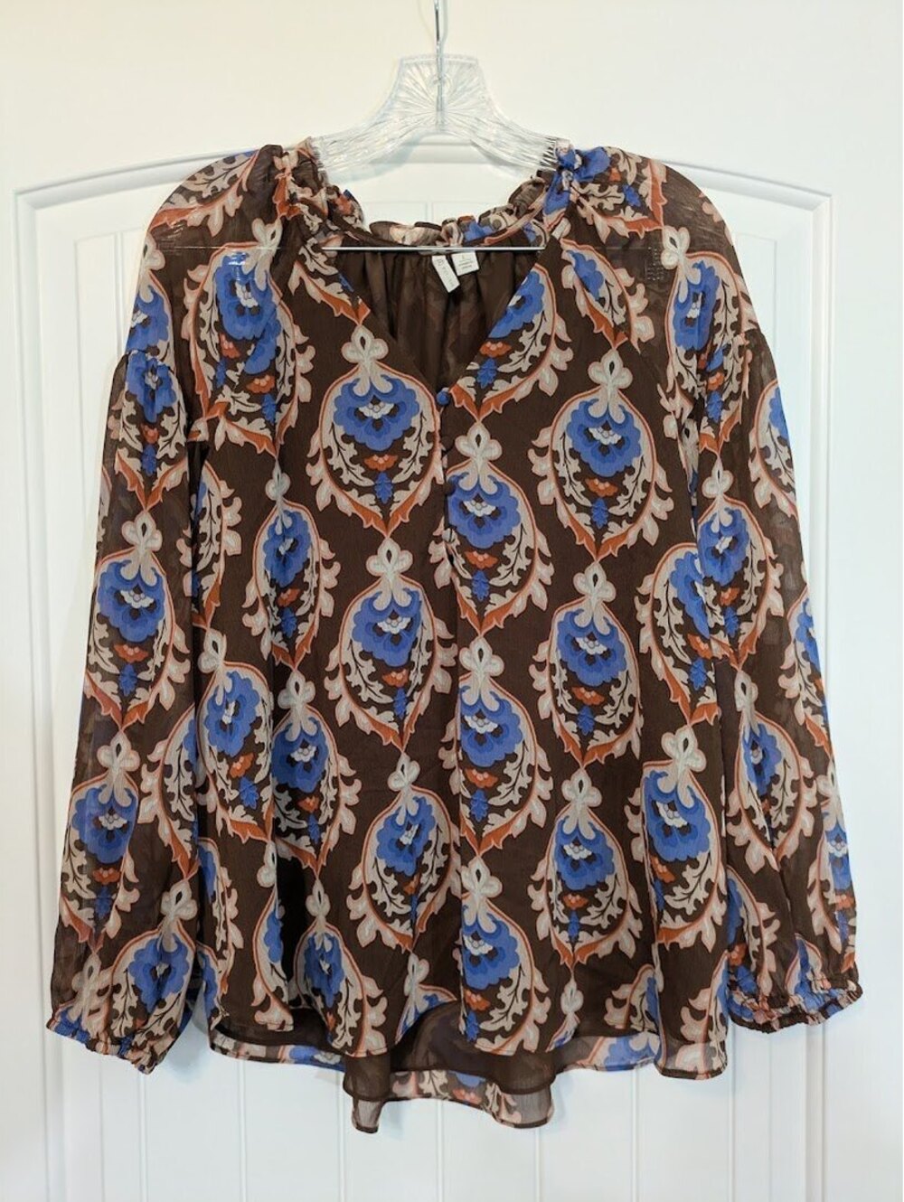 🤎 Cato Boho Brown Semi‑Sheer Blouse • Large • GUC